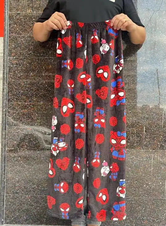 Hello Kitty Spider-man Cotton Velvet Loose Pajamas Pajamas Long Pants Women's And Men's Cartoon Sleeping Casual Wear