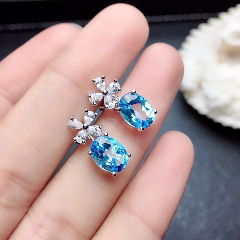 Huitan Chic Flower Earrings for Women Aesthetic Sky Blue Cubic Zirconia Ear Stud Earrings Wedding Party Fancy Gift Trend Jewelry