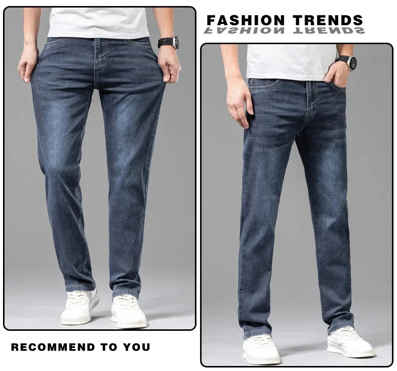 Summer Thin Men's Elastic Cotton Jeans Fashion Gray Comfortable Business Straight Casual Pants Brand Male Clothes Trousers