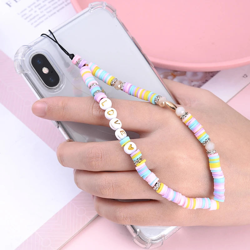 Wholesale Classic Phone Lanyard Charm Acrylic Clay Beaded Phone Chain LOVE Letter Jewelry For Women Anti-Lost Lanyard Jewellery