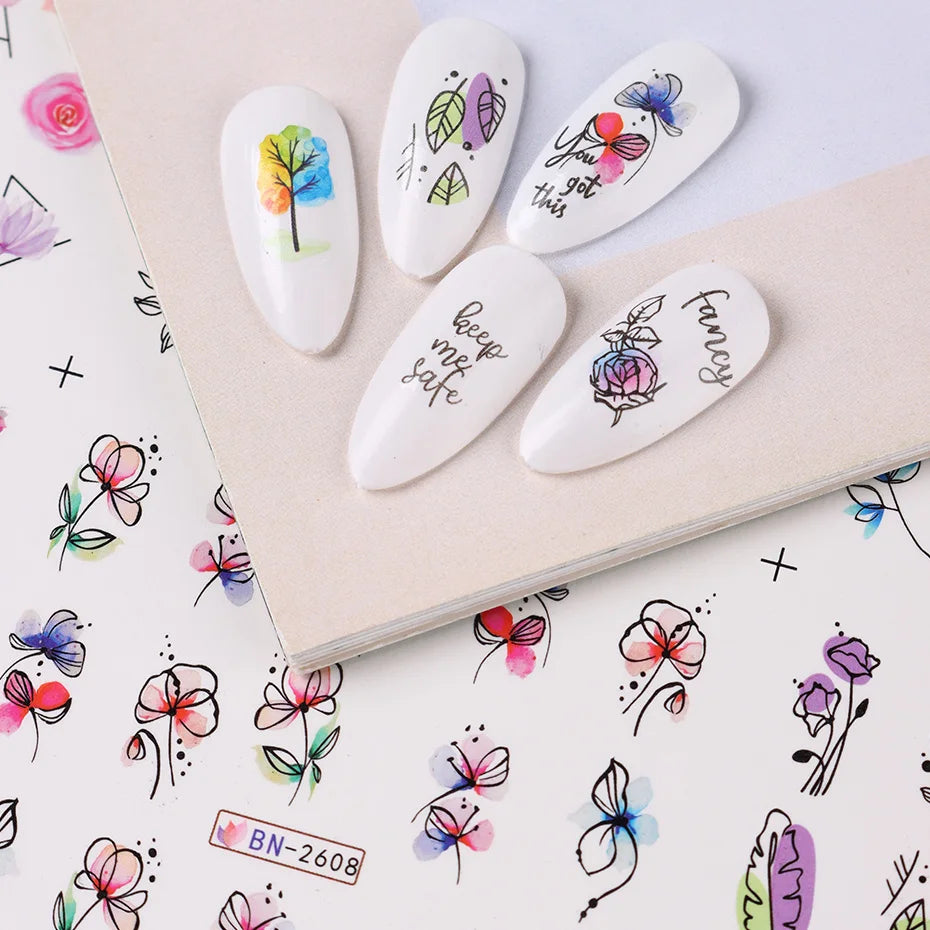 12 PCs Nail Sticker Set Spring Summer Water Decal Nail Art Ink Flowers Leaves Graffiti Slider for Nail Decoration Foils Tattoo