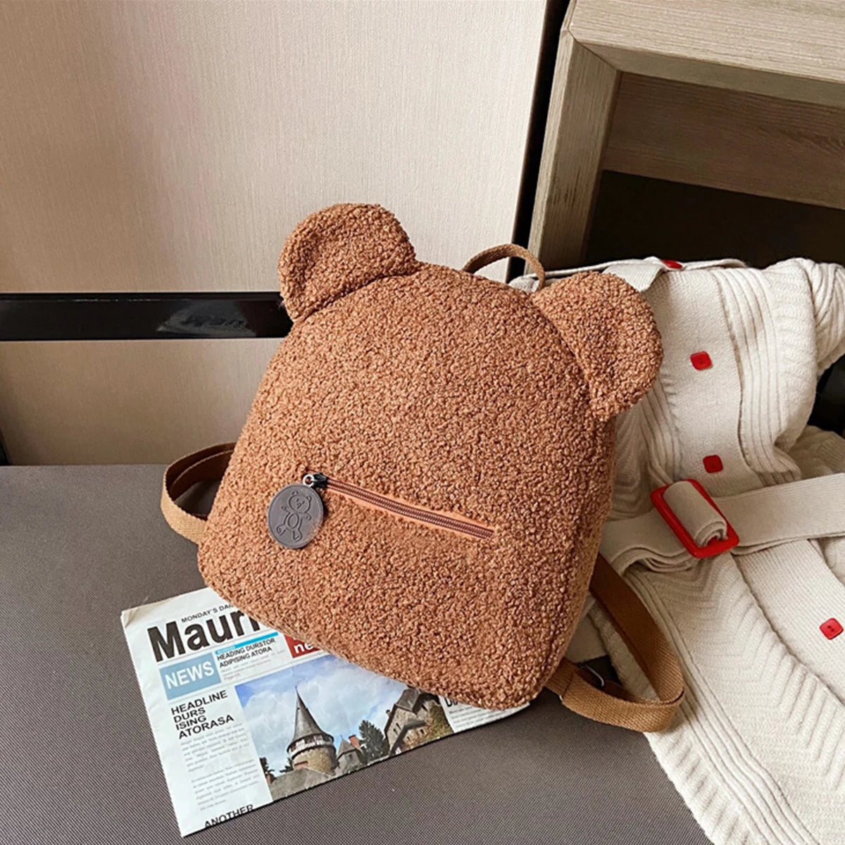 1Pcs Cute Bear Ear Fleece Small Backpack Kids Girls Casual Warm Lambswool Daypack Bag Schoolbag Rucksack for Travel Shopping-LJX