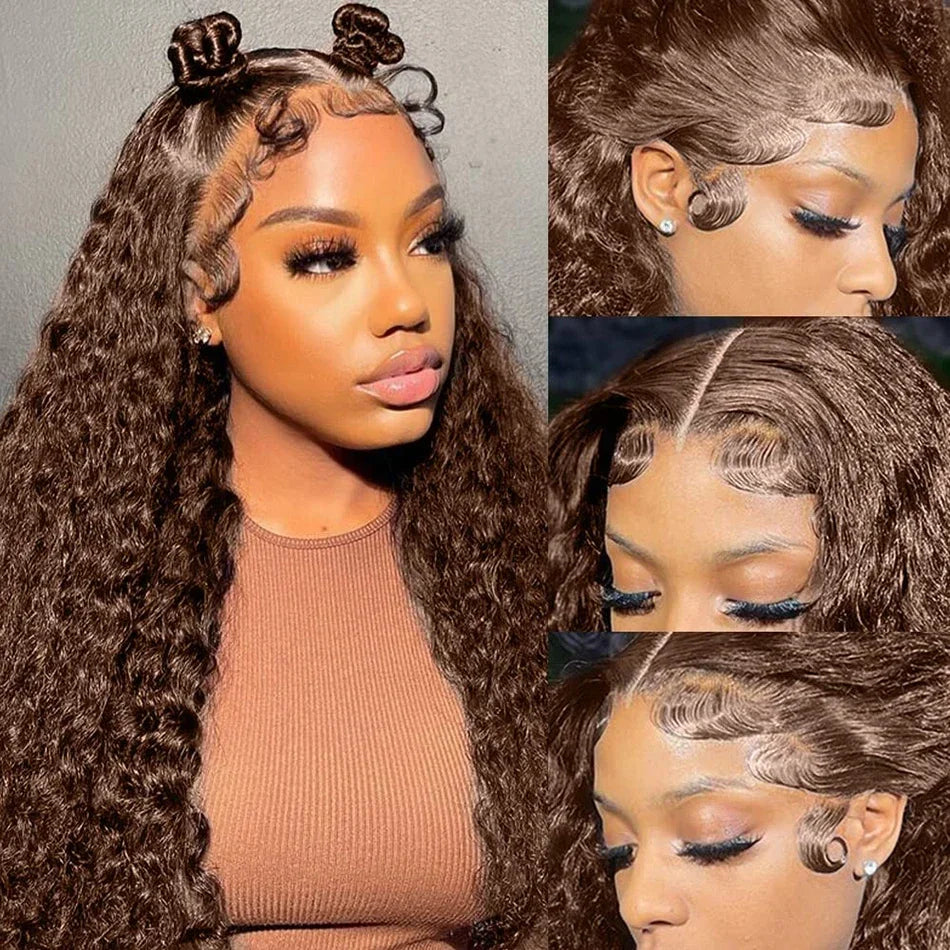 Chocolate Brown Deep Wave Frontal Wig 13x4 HD Transparent Curly Lace Front Human Hair Wigs Bleached Brazilian Brown Colored Wigs