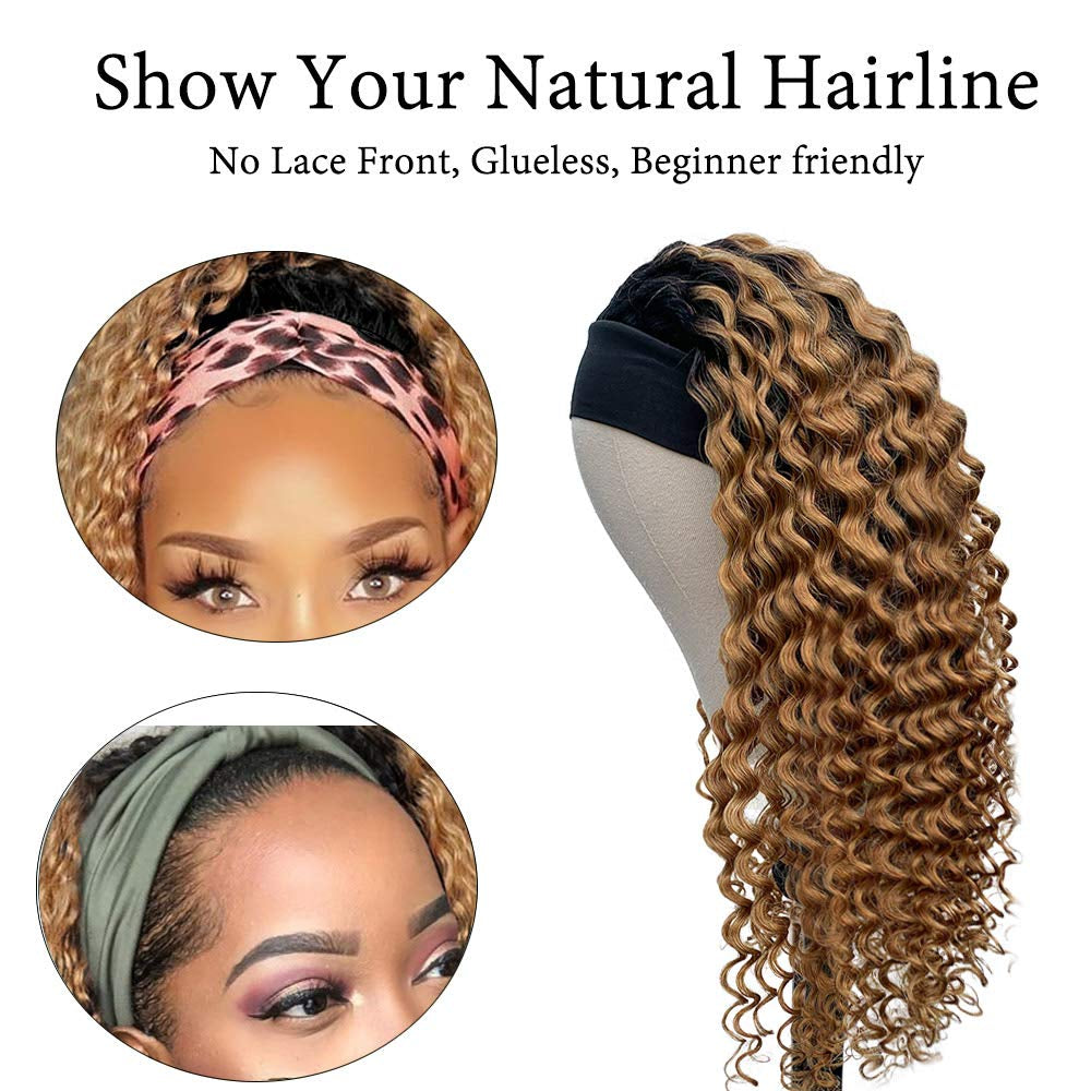 Headband Wigs Human Hair Ombre Blonde Colored No Lace Front Wigs with Pre-Attached Scarf Deep Wave Wigs for Black Women Full Thick Ends 150% Density 20 Inches Curly Hair