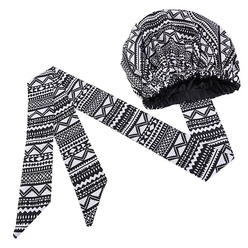 African Pattern Print Satin Bonnet Women Night Sleep Cap Long Ribbon Headwrap Double Layer Headscarf Big Size Adult Hair Cover