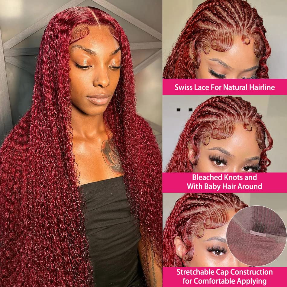 99J Burgundy Lace Front Wigs Human Hair Deep Wave 13X4 Transparent HD Wet & Wavy Wine Red Colored Wig with Baby 160% Density Glueless Curly Frontal for Black Women 20 Inch, 1.0 Count