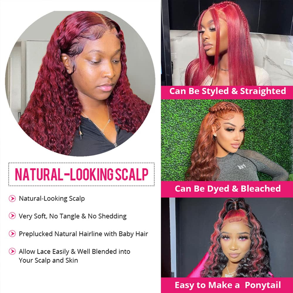 99J Burgundy Lace Front Wigs Human Hair Deep Wave 13X4 Transparent HD Wet & Wavy Wine Red Colored Wig with Baby 160% Density Glueless Curly Frontal for Black Women 20 Inch, 1.0 Count