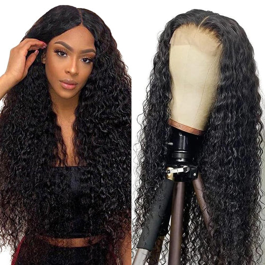 Kinky Curly Lace Front Wigs Human Hair 28 Inch Curly Wigs Human Hair 4X4 Lace Closure Kinky Curly Wigs Bleached Knots Middle Part Natural Black Color Pre Plucked with Natural Hairline