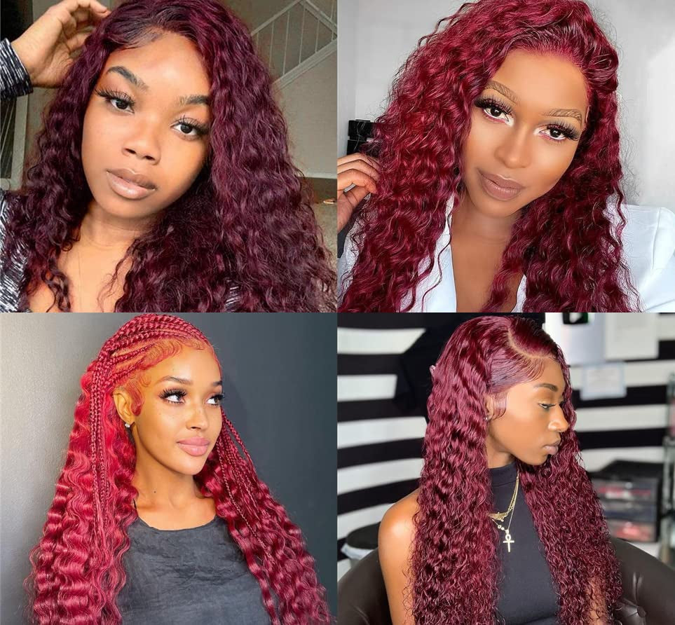 99J Burgundy Lace Front Wigs Human Hair Deep Wave 13X4 Transparent HD Wet & Wavy Wine Red Colored Wig with Baby 160% Density Glueless Curly Frontal for Black Women 20 Inch, 1.0 Count