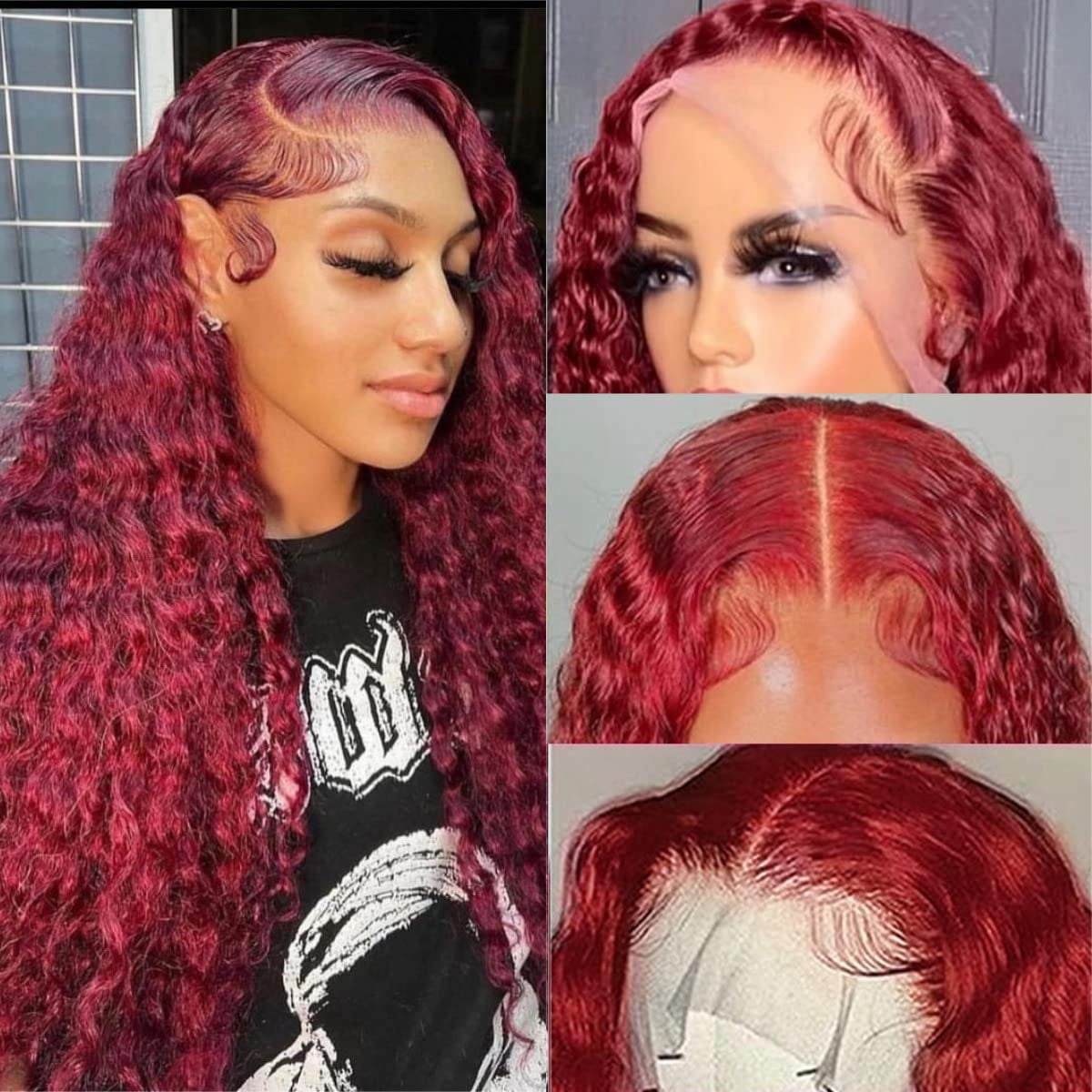 99J Burgundy Lace Front Wigs Human Hair Deep Wave 13X4 Transparent HD Wet & Wavy Wine Red Colored Wig with Baby 160% Density Glueless Curly Frontal for Black Women 20 Inch, 1.0 Count