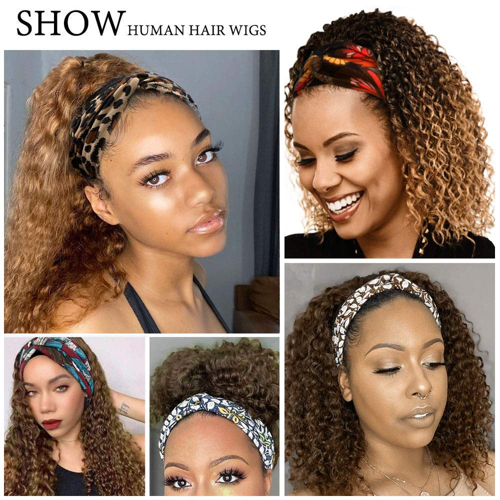 Headband Wigs Human Hair Ombre Blonde Colored No Lace Front Wigs with Pre-Attached Scarf Deep Wave Wigs for Black Women Full Thick Ends 150% Density 20 Inches Curly Hair