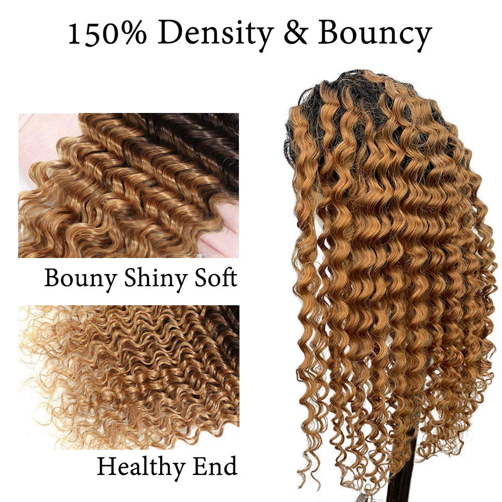 Headband Wigs Human Hair Ombre Blonde Colored No Lace Front Wigs with Pre-Attached Scarf Deep Wave Wigs for Black Women Full Thick Ends 150% Density 20 Inches Curly Hair