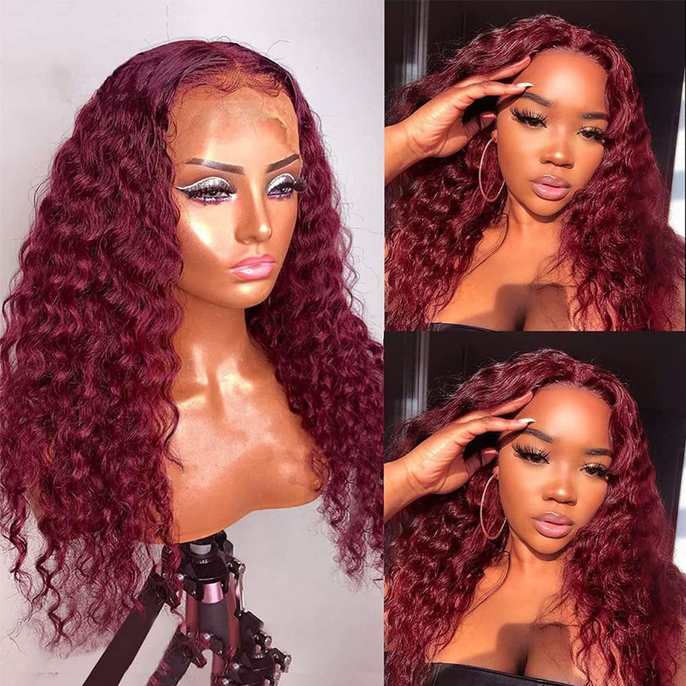 99J Burgundy Lace Front Wigs Human Hair Deep Wave 13X4 Transparent HD Wet & Wavy Wine Red Colored Wig with Baby 160% Density Glueless Curly Frontal for Black Women 20 Inch, 1.0 Count